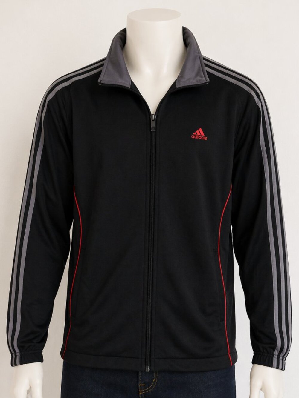 adidas Black and Gray Performance Track Jacket with Red Accents
